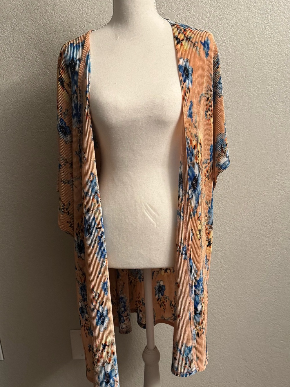 Frumos Peach Floral Kimono with Blue & Orange Blooms